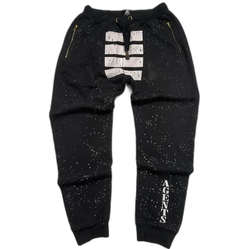EFFAY Large Mens Sweatpants Black & White Dots Design Gold zipper Destroyed